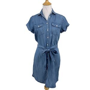 UNTUCKit Shirt Dress Womens 2 Chambray Terry Button Up Belted Cuffed Sleeve Flap